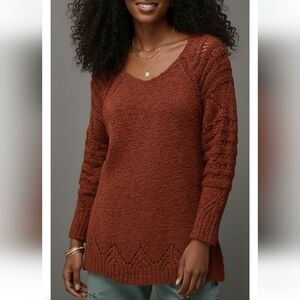 Anthropologie Pilcro Devenne Pointelle Pullover boho Sweater Cedar rust color